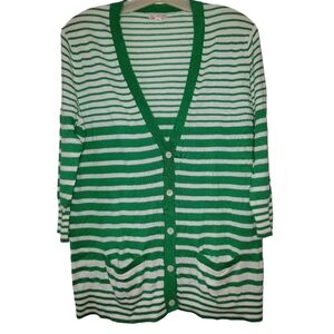 Gap Green & White Striped Deep V-Neck Cardigan Sweater With Pockets Size Med